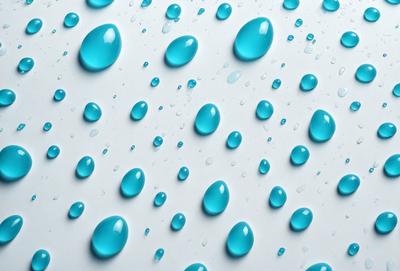 The primary subject of the image is a pattern of blue droplets on a white surface. The setting is a white wall, and the visual style is a close-up of the droplets. The colors and mood of the image are predominantly blue, with a calm and serene atmosphere.