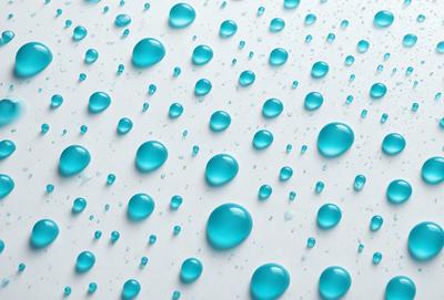 The primary subject of the image is a pattern of blue droplets on a white surface. The setting is a white wall, and the visual style is a digital art or illustration. The dominant colors are blue and white, creating a calm and soothing atmosphere.