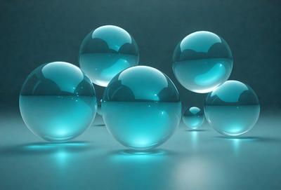 The primary subject of the image is a group of blue glass balls. They are floating in a blue background, creating a visually appealing scene. The visual style of the image is a photo, and the dominant colors are blue, giving the scene a calm and serene atmosphere.