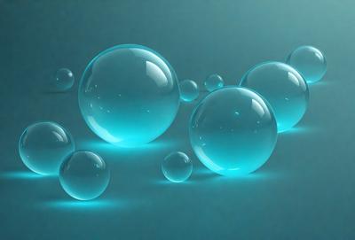 The primary subject of the image is a group of blue bubbles floating in a blue background. The setting appears to be a dark blue surface, possibly a wall or a background. The visual style of the image is a combination of photo and digital art, creating a unique and eye-catching effect. The dominant colors in the image are blue, giving it a calm and soothing atmosphere.