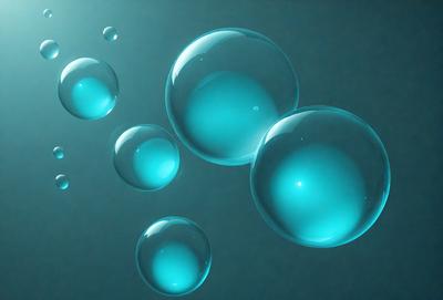 The primary subject of the image is a group of three blue bubbles floating in a blue background. The setting appears to be a dark blue surface, possibly a wall or a background. The visual style of the image is a close-up of the bubbles, showcasing their vibrant blue color. The overall atmosphere of the image is calm and serene, with the bubbles gently floating in the dark blue space.