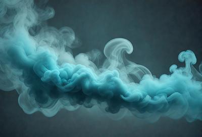 The primary subject of the image is a blue smoke or mist, which appears to be swirling or curling. The setting is a dark background, which contrasts with the blue smoke. The visual style is a close-up of the smoke, emphasizing its texture and movement. The colors and mood of the image are predominantly blue, creating a sense of depth and tranquility.
