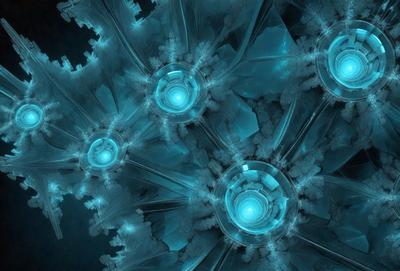 The primary subject of the image is a blue and white artistic design, possibly a digital art or illustration. The setting is a dark blue background, which contrasts with the vibrant colors of the design. The visual style appears to be a combination of digital art and illustration, creating a unique and captivating piece. The colors and mood of the image are predominantly blue and white, giving it a calm and serene atmosphere.