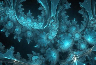 The primary subject of the image is a blue and white artistic design, possibly a digital art or illustration. The setting is a dark blue background, which contrasts with the artwork. The visual style appears to be a combination of photo and digital art, creating a unique and intricate pattern. The colors and mood of the image are predominantly blue and white, giving it a calm and serene atmosphere.