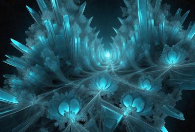 The primary subject of the image is a large, intricate, and colorful crystal structure. The setting is a dark, blue-lit environment, which adds to the overall mood of the scene. The visual style of the image is a combination of photo and digital art, creating a unique and captivating display. The dominant colors in the image are blue and purple, which contribute to the overall atmosphere of the scene.