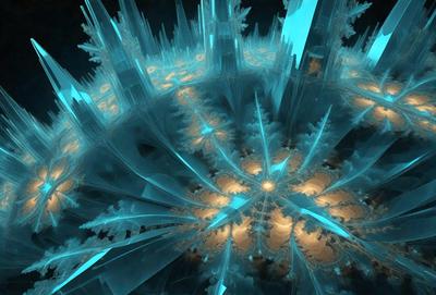 The primary subject of the image is a large, intricate, and colorful crystal structure. The setting is a dark, blue-lit environment, which adds to the overall mood of the scene. The visual style of the image is a combination of photo and digital art, creating a unique and captivating display. The dominant colors in the image are blue and purple, which contribute to the overall atmosphere of the scene.