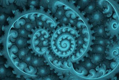 The primary subject of the image is a blue spiral pattern, which is the main object, scene, or focus of the image. The setting or background features a blue and green swirling pattern, which adds to the overall visual style. The image is a digital art or illustration, showcasing the artist's creativity and skill in designing intricate patterns. The dominant colors in the image are blue and green, creating a calming and serene atmosphere.
