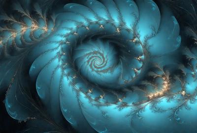The primary subject of the image is a spiral pattern, which is a blue and white swirl. The setting is a dark background, which contrasts with the spiral pattern. The visual style is a digital art or illustration, as the spiral pattern appears to be a part of a larger design. The colors and mood of the image are predominantly blue and white, creating a sense of depth and intricacy in the spiral pattern.