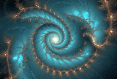 The primary subject of the image is a spiral pattern, which is the main object, scene, or focus of the image. The spiral pattern is set against a blue background, creating a visually striking contrast. The image is a digital art piece, showcasing the artist's creativity and skill in designing intricate patterns. The dominant colors in the image are blue and orange, giving the spiral pattern a vibrant and lively appearance.
