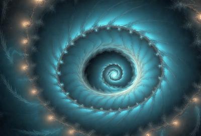 The primary subject of the image is a spiral, which is the main object, scene, or focus of the image. The spiral is set against a blue background, giving it a vibrant and lively appearance. The visual style of the image is digital art, as it is a computer-generated representation of the spiral. The dominant colors in the image are blue and white, creating a sense of depth and movement.