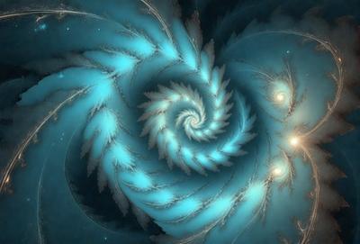 The primary subject of the image is a spiral pattern, which is the main object, scene, or focus of the image. The spiral pattern is set against a blue background, creating a visually striking contrast. The image is a digital art piece, showcasing the artist's creativity and skill in designing intricate patterns. The dominant colors in the image are blue and white, giving it a calm and serene atmosphere.