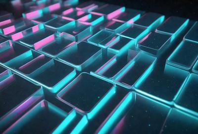 The primary subject of the image is a close-up of a blue and pink keyboard. The setting is a dark background, which contrasts with the bright colors of the keyboard. The visual style appears to be a digital art or illustration, as the keyboard is depicted in a stylized manner. The dominant colors in the image are blue and pink, creating a vibrant and lively atmosphere.