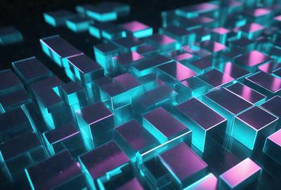 The primary subject of the image is a large, colorful, and intricate pattern made up of many small squares. The pattern is predominantly blue and pink, creating a vibrant and lively atmosphere. The setting is a black background, which contrasts with the bright colors of the pattern. The visual style of the image is a combination of digital art and illustration, showcasing the artist's creativity and attention to detail. The overall mood of the image is energetic and captivating, with