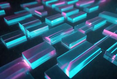 The primary subject of the image is a collection of colored glass squares, which are arranged in a visually appealing manner. The setting is a dark background, which contrasts with the vibrant colors of the glass squares. The visual style of the image is a combination of digital art and illustration, creating a unique and eye-catching pattern. The colors and mood of the image are predominantly blue and pink, giving it a lively and energetic atmosphere.