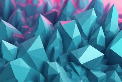 The primary subject of the image is a large, colorful, and intricate mountain made up of many triangular shapes. The mountain is predominantly blue, with some pink and purple accents. The setting is a vibrant, abstract landscape, with the mountain as the main focal point. The visual style is a combination of digital art and illustration, creating a unique and eye-catching design. The colors and mood of the image are lively and energetic, with the blue mountain standing out against