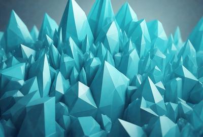 The primary subject of the image is a large, blue, geometric structure, possibly a mountain or a building, with many triangular shapes. The setting is a blue sky, which serves as the backdrop for the structure. The visual style of the image is digital art, as it appears to be a computer-generated or digitally manipulated image. The dominant colors in the image are blue and white, creating a calm and serene atmosphere.