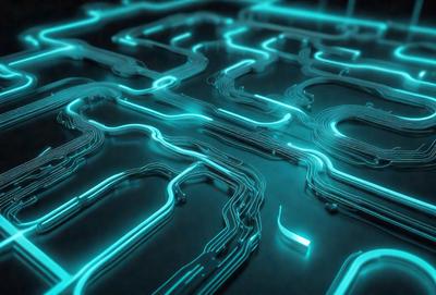 The primary subject of the image is a blue neon-lit surface, which appears to be a blue-lit circuit board or a blue-lit computer screen. The setting is a dark room, and the visual style is a digital art or illustration. The dominant colors are blue and purple, creating a futuristic and technological atmosphere.