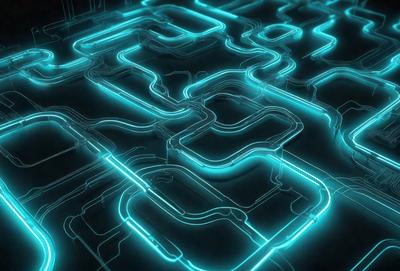 The primary subject of the image is a blue, neon-lit, interconnected network of pipes and tubes. The setting is a dark background, which contrasts with the bright blue light emanating from the pipes. The visual style is a digital art or illustration, as the image appears to be a computer-generated or digitally created piece. The colors and mood of the image are predominantly blue, creating a futuristic and technological atmosphere.