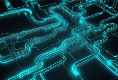 The primary subject of the image is a blue, neon-like network of wires. The setting is a dark background, which contrasts with the bright blue wires. The visual style is a digital art or illustration, as the wires are depicted in a detailed and intricate manner. The colors and mood of the image are predominantly blue, creating a sense of depth and complexity.