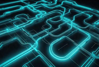 The primary subject of the image is a blue, neon-like, computer circuit board. The setting is a dark background, which contrasts with the bright blue circuit board. The visual style is a digital art or illustration, as the circuit board appears to be a pattern or texture. The dominant colors are blue and black, creating a futuristic and technological atmosphere.