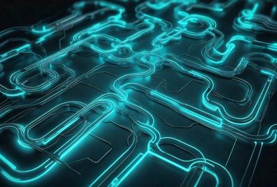 The primary subject of the image is a blue neon-lit pattern, which appears to be a digital art or illustration. The setting is a black background, which contrasts with the blue neon lines. The visual style is a combination of digital art and illustration, creating a unique and eye-catching design. The colors and mood of the image are predominantly blue, with a futuristic and modern atmosphere.