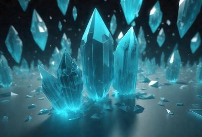The primary subject of the image is a group of blue crystals, which are the main objects in the scene. The setting is a dark background, which contrasts with the bright blue crystals. The visual style of the image is digital art, as it appears to be a computer-generated or digitally manipulated image. The dominant colors in the image are blue and black, creating a sense of depth and contrast.