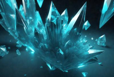 The primary subject of the image is a large, blue crystal. The setting is a dark, blue background, which creates a striking contrast with the crystal. The visual style is a digital art or illustration, as the crystal appears to be a 3D model or a digital rendering. The colors and mood of the image are predominantly blue, giving it a cool and serene atmosphere.