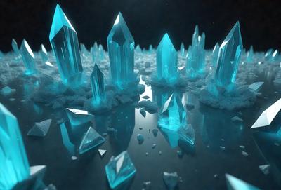 The primary subject of the image is a collection of blue crystals, which are the main objects in the scene. The setting is a dark, starry night, with the crystals reflecting the light of the stars. The visual style is a combination of photo and digital art, creating a surreal and dreamy atmosphere. The dominant colors are blue and black, with the blue crystals being the main focus of the image.