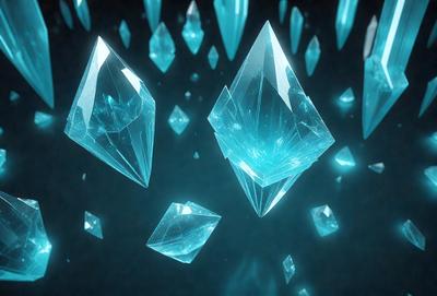 The primary subject of the image is a collection of blue crystals or glass pieces, which are floating in a dark blue background. The visual style of the image is digital art, as the crystals are depicted in a stylized manner. The colors and mood of the image are predominantly dark and moody, with the blue crystals being the main focus and source of visual interest.