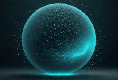 The primary subject of the image is a large, blue, glowing sphere. The setting is a dark background, which contrasts with the bright blue sphere. The visual style is a digital art or illustration, creating a futuristic and intriguing atmosphere. The colors and mood are predominantly blue, with a hint of green, giving the image a sense of depth and sophistication.