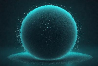 The primary subject of the image is a large, blue, glowing sphere. The setting is a dark background, which contrasts with the bright blue sphere. The visual style is a digital art or illustration, creating a futuristic and captivating atmosphere. The colors and mood are predominantly blue, with a hint of green, giving the image a sense of depth and sophistication.