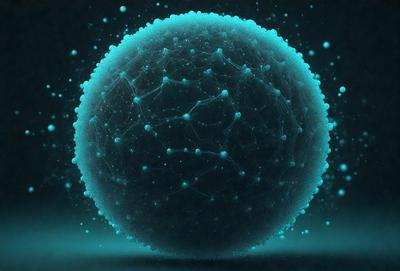 The primary subject of the image is a large, blue, three-dimensional structure that resembles a sphere or a ball. The setting is a dark background, which contrasts with the bright blue color of the structure. The visual style appears to be a digital art or illustration, as the image is composed of many small blue dots that create a complex and intricate pattern. The colors and mood of the image are predominantly blue, giving it a calm and serene atmosphere.