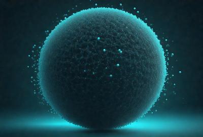 The primary subject of the image is a large, blue, and shiny ball. The ball is the main object, scene, or focus of the image. The setting or background of the image is a dark blue background, which contrasts with the bright blue ball. The visual style of the image is digital art, as it appears to be a computer-generated or digitally manipulated image. The colors and mood of the image are predominantly blue, giving it a calm and serene atmosphere.