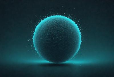 The primary subject of the image is a blue, glowing, three-dimensional sphere. The setting is a dark background, which contrasts with the bright blue sphere. The visual style is a digital art or illustration, creating a unique and captivating scene. The colors and mood of the image are predominantly blue, giving it a calm and serene atmosphere.