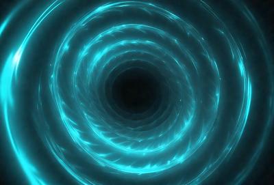 The primary subject of the image is a large, blue, circular tunnel. The tunnel appears to be a part of a larger structure, possibly a space station or a futuristic building. The setting is a dark, enclosed space, which adds to the overall mood of the image. The visual style of the image is a combination of photo and digital art, creating a unique and intriguing atmosphere. The dominant colors in the image are blue and black, which contribute to the sense of depth and mystery in the scene.