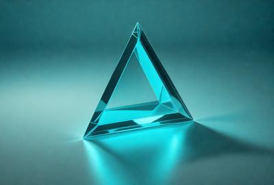The primary subject of the image is a blue crystal triangle. The setting is a dark blue background, which creates a contrasting effect with the bright blue crystal. The visual style is a close-up of the crystal, showcasing its unique shape and color. The overall atmosphere is one of elegance and sophistication, as the blue crystal triangle stands out against the dark blue background.