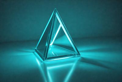 The primary subject of the image is a blue, clear, and reflective glass triangle. The setting is a white surface, which provides a clean and minimalist backdrop for the glass triangle. The visual style is a close-up of the glass triangle, showcasing its unique and reflective properties. The colors and mood of the image are predominantly blue, creating a calm and serene atmosphere.