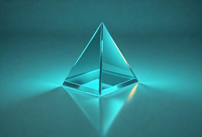 The primary subject of the image is a blue, clear, and shiny triangle. The setting is a blue background, which creates a contrasting and visually appealing scene. The visual style is a close-up of the triangle, showcasing its unique shape and texture. The colors and mood of the image are predominantly blue, giving it a calm and serene atmosphere.