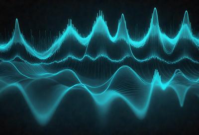 The primary subject of the image is a series of blue waves or ripples, which are the main objects in the scene. The setting is a dark background, which contrasts with the blue waves. The visual style is a digital art or illustration, as the waves are depicted in a patterned manner. The dominant colors are blue, and the overall atmosphere is calm and serene.