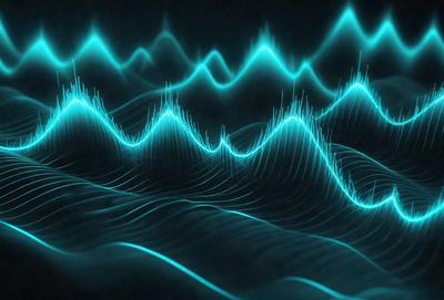The primary subject of the image is a series of blue waves or sound waves, which are the main objects in the scene. The setting is a dark background, which contrasts with the blue waves. The visual style is a combination of digital art and illustration, creating a unique and captivating image. The dominant colors are blue, and the overall atmosphere is one of depth and intrigue.
