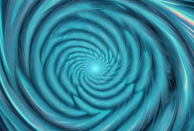 The primary subject of the image is a spiral or vortex, which is a blue, swirling, circular pattern. The setting is a blue background, and the visual style appears to be a digital art or illustration. The colors and mood of the image are predominantly blue, creating a sense of depth and tranquility.