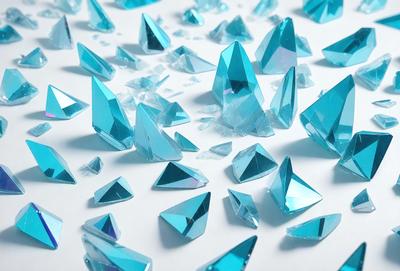 The primary subject of the image is a collection of blue crystals, which are scattered across a white surface. The setting appears to be a white background, and the visual style is a close-up of the crystals. The dominant colors in the image are blue and white, creating a calm and serene atmosphere.