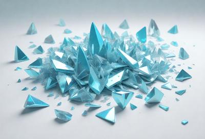The primary subject of the image is a pile of blue glass shards, which are scattered across a white surface. The setting appears to be a workspace or a place where the glass was broken. The visual style of the image is a close-up of the glass shards, showcasing their unique shapes and colors. The dominant colors in the image are blue and white, creating a calm and serene atmosphere.