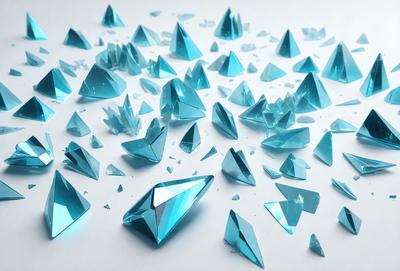 The primary subject of the image is a collection of blue crystals or glass pieces, which are scattered across a white surface. The setting appears to be a white background, which provides a clean and minimalistic appearance. The visual style of the image is a combination of digital art and illustration, as the blue crystals or glass pieces are depicted in a detailed and realistic manner. The colors and mood of the image are predominantly blue, creating a sense of calmness and tranquility.