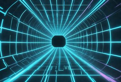The primary subject of the image is a tunnel with a blue light illuminating it. The tunnel appears to be a futuristic, digital art creation, giving it a unique and visually striking appearance. The setting is a dark, enclosed space, and the visual style is a combination of digital art and futuristic design. The dominant colors in the image are blue and purple, creating a sense of depth and intrigue.