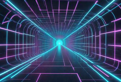 The primary subject of the image is a tunnel with a brightly colored, neon-lit interior. The setting is a futuristic environment, possibly a space station or a high-tech facility. The visual style is a combination of digital art and illustration, creating a vibrant and dynamic atmosphere. The dominant colors are pink, blue, and green, which contribute to the futuristic and psychedelic mood of the scene.