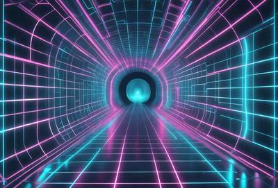The primary subject of the image is a tunnel with a brightly colored, neon-lit interior. The setting is a futuristic environment, possibly a space station or a high-tech facility. The visual style is a combination of photo and digital art, creating a unique and vibrant atmosphere. The dominant colors are pink, blue, and purple, giving the scene a lively and energetic mood.