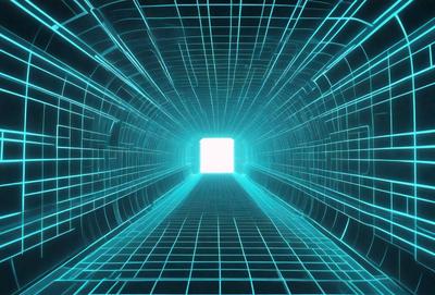 The primary subject of the image is a tunnel with a blue light illuminating it. The setting is a dark tunnel, and the visual style is a digital art or illustration. The dominant colors are blue and black, creating a moody atmosphere.