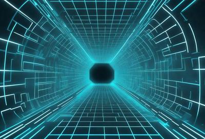 The primary subject of the image is a tunnel-like structure with a blue and black color scheme. The tunnel appears to be a futuristic, digital art creation, giving it a unique and intriguing visual style. The setting is a dark, enclosed space, which adds to the overall atmosphere of the image.