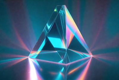 The primary subject of the image is a large, clear, and colorful glass triangle. The glass triangle is the main object, scene, or focus of the image. The setting or background of the image is a blue surface, which adds to the overall atmosphere. The visual style of the image is a combination of photo and digital art, creating a unique and eye-catching design. The colors and mood of the image are vibrant and lively, with the blue surface and the glass triangle's vivid colors creating a sense